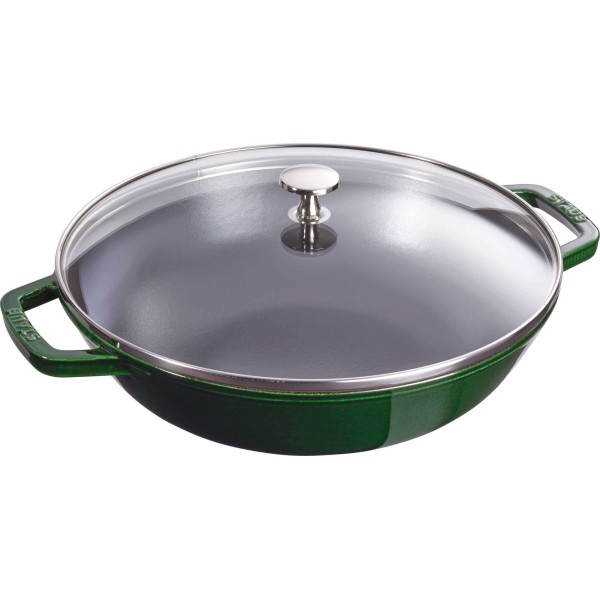 Wok żeliwny Staub 30 cm z pokrywką zielony do smażenia i duszenia