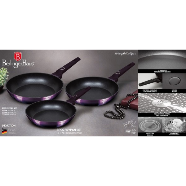 Zestaw patelni Berlinger Haus Purple Eclipse BH-7103 20/24/28 cm z powłoką tytanową 3-ele
