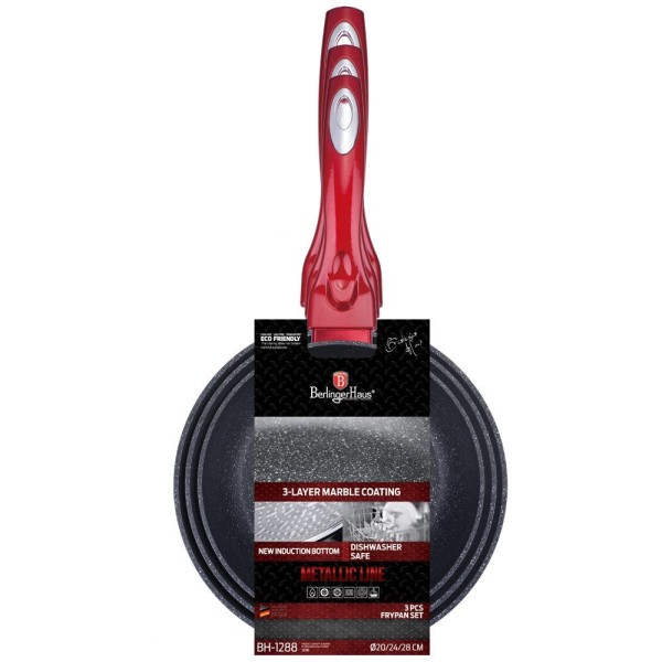 Набір сковорідок Berlinger Haus Burgundy BH-1288 для приготування страв із гранітним покриттям, 3 шт.