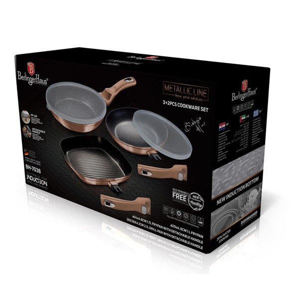 Zestaw patelni Berlinger Haus Metallic Line Rose Gold BH-7038 z odpinaną rączką, 3 sztuki