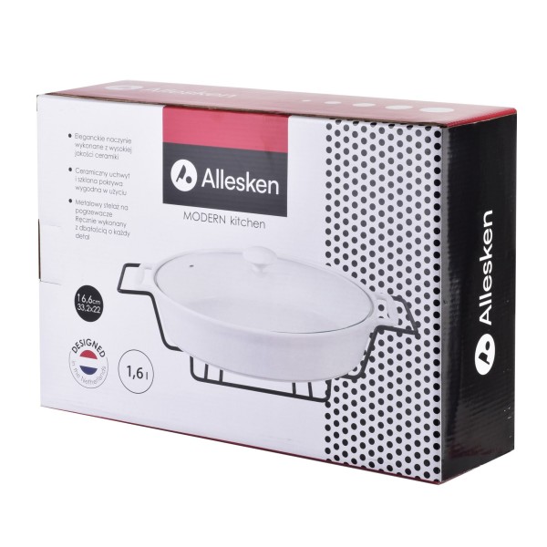 Підсвічуване підогрівом для сервірування, MODERN KITCHEN, Naczynie z podgrzewaczem 1,6L, 33,2×22×6,6 см, біле гладке