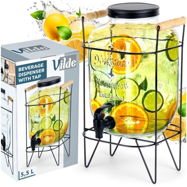 Диспенсер для напоїв, VILDE, 5.5 л Słoik з краном і чорним стендом — для води та лимонаду 139601