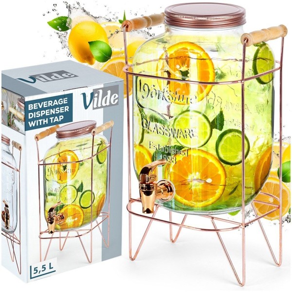 Диспенсер для напоїв VILDE 139603, Słoik 5.5L рожеве золото, з краником і підставкою для лимонаду