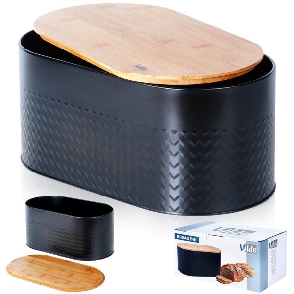 Chlebak stalowy VILDE, Pojemnik na pieczywo z deską drewnianą, czarny, 34x18.5x15.5 см