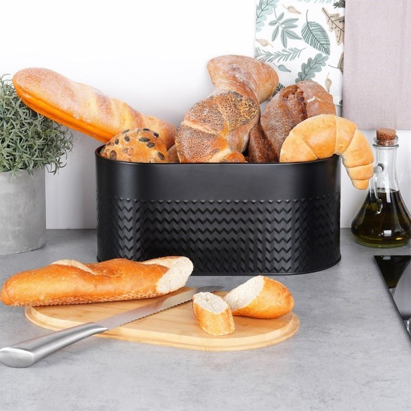 Chlebak stalowy VILDE, Pojemnik na pieczywo z deską drewnianą, czarny, 34x18.5x15.5 см
