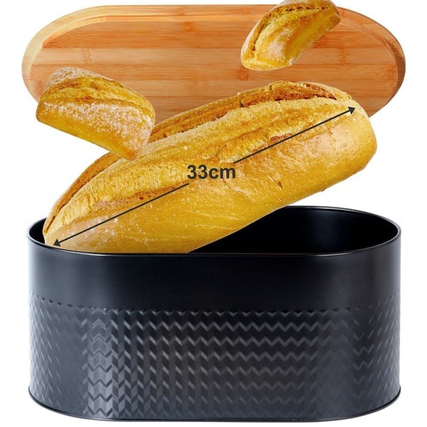 Chlebak stalowy VILDE, Pojemnik na pieczywo z deską drewnianą, czarny, 34x18.5x15.5 см