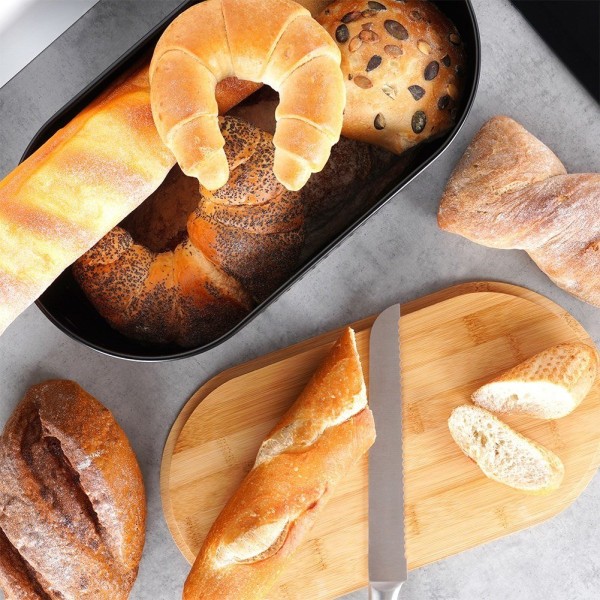 Chlebak stalowy VILDE, Pojemnik na pieczywo z deską drewnianą, czarny, 34x18.5x15.5 см