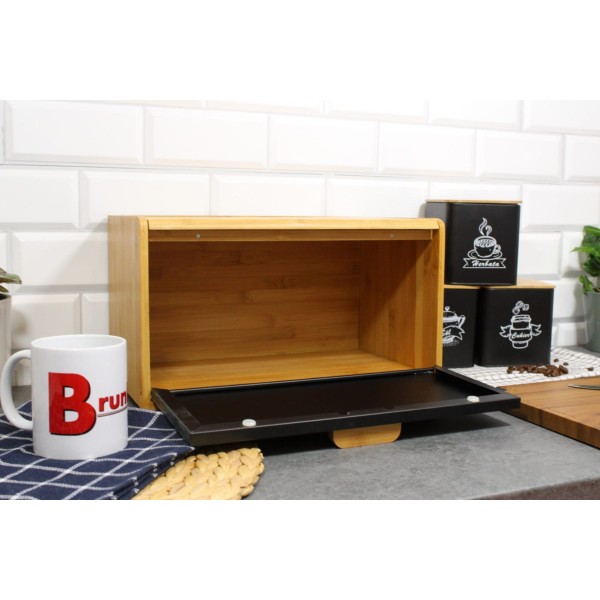 Chlebak Brunbeste BB-4254 czarny pojemnik na pieczywo z bambusa do kuchni