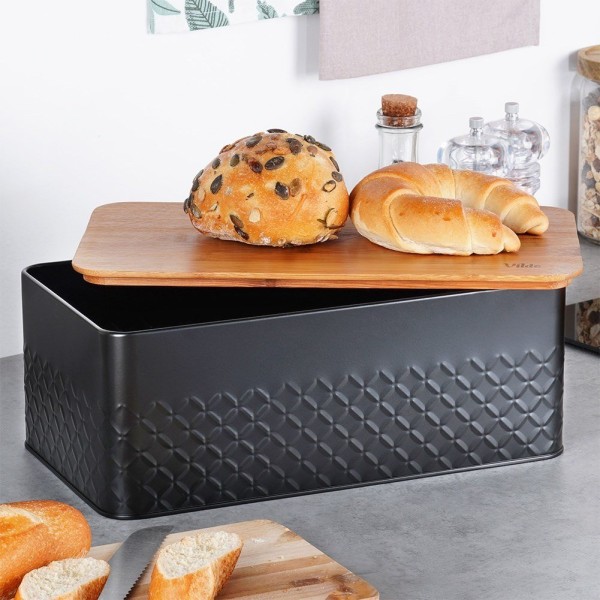 Chlebak металевий, VILDE, 259623, з дерев’яною дошкою, чорний, 33.5×18.5×12.5 см, для зручного зберігання хліба та булочок