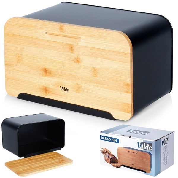 Chlebak metalowy, VILDE, 259613, z deską bambusową, czarny, 35x22x20.5 cm, Wyposażenie kuchni / Przechowywanie żywności / Chlebaki