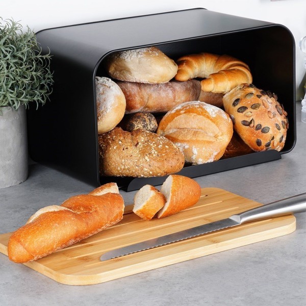 Chlebak metalowy, VILDE, 259613, z deską bambusową, czarny, 35x22x20.5 cm, Wyposażenie kuchni / Przechowywanie żywności / Chlebaki