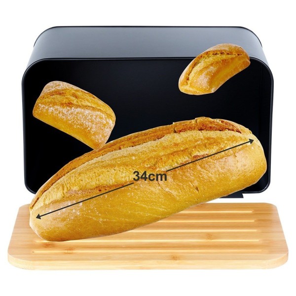 Chlebak metalowy, VILDE, 259613, z deską bambusową, czarny, 35x22x20.5 cm, Wyposażenie kuchni / Przechowywanie żywności / Chlebaki