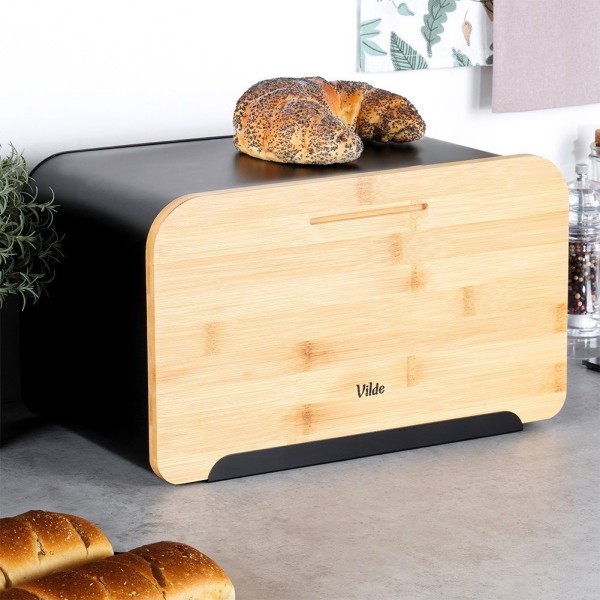 Chlebak metalowy, VILDE, 259613, z deską bambusową, czarny, 35x22x20.5 cm, Wyposażenie kuchni / Przechowywanie żywności / Chlebaki