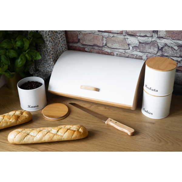 Chlebak Brunbeste BB-2702 stalowo-bambusowy z 3 pojemnikami do kawy, herbaty, cukru