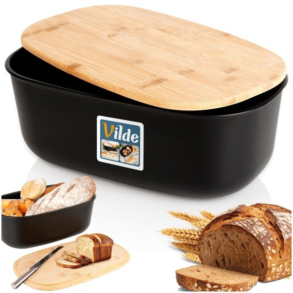 Chlebak z deską do krojenia bambusową Czarny, VILDE 259176, 39x23.5x15.5 см, wyposażenie kuchni, chlebaki, do przechowywania pieczywa