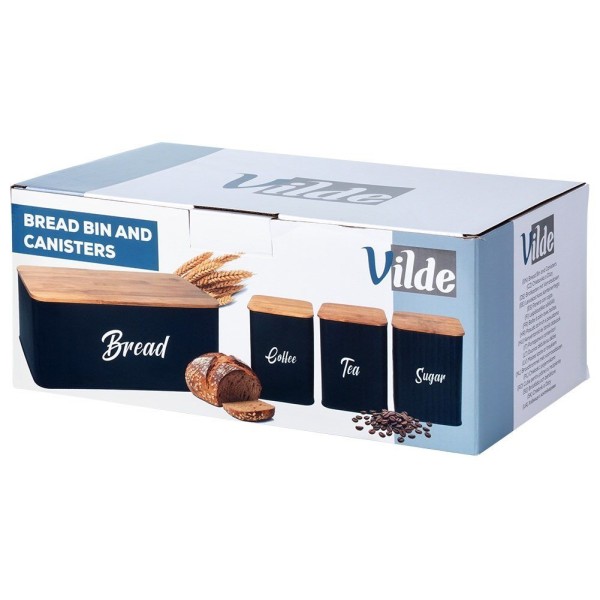 Хлібниця VILDE 259627, метал, чорна, з 4 відсіками та контейнерами для чаю, кави, цукру — для зберігання на кухні