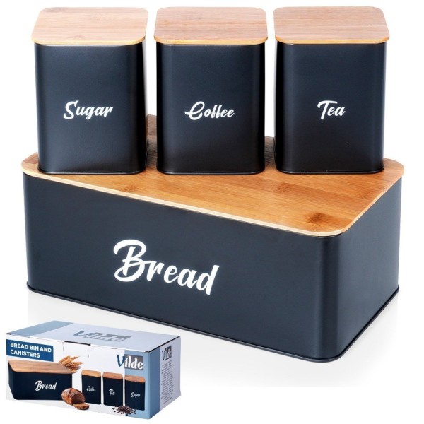Хлібниця VILDE 259627, метал, чорна, з 4 відсіками та контейнерами для чаю, кави, цукру — для зберігання на кухні