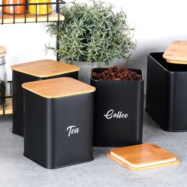 Хлібниця VILDE 259627, метал, чорна, з 4 відсіками та контейнерами для чаю, кави, цукру — для зберігання на кухні