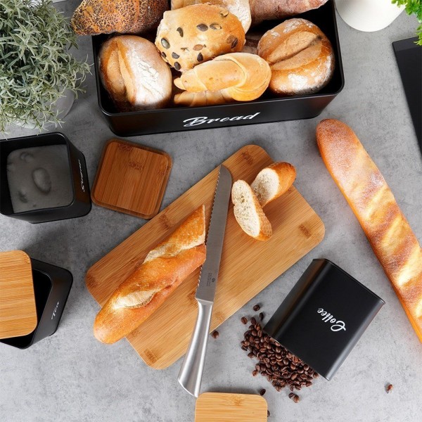 Хлібниця VILDE 259627, метал, чорна, з 4 відсіками та контейнерами для чаю, кави, цукру — для зберігання на кухні