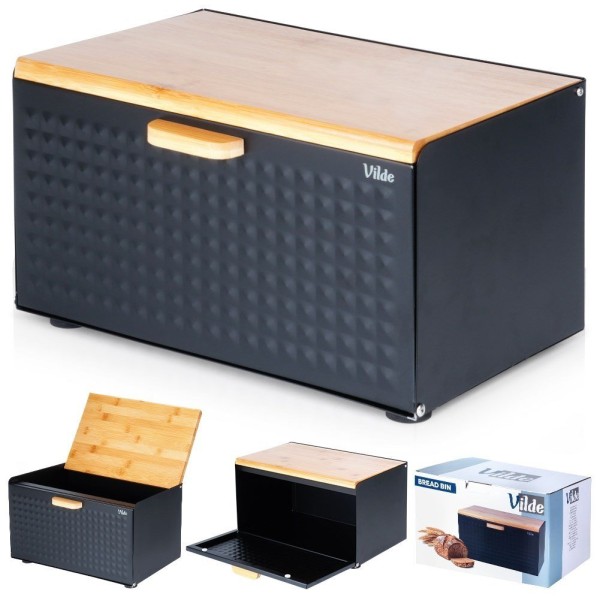 Chlebak, VILDE, 259619, metalowy pojemnik na chleb z drewnianą pokrywą i czarną podwójną pokrywą, 35.5×22×20.5 cm, Wyposażenie kuchni / Przechowywanie żywności / Chlebaki