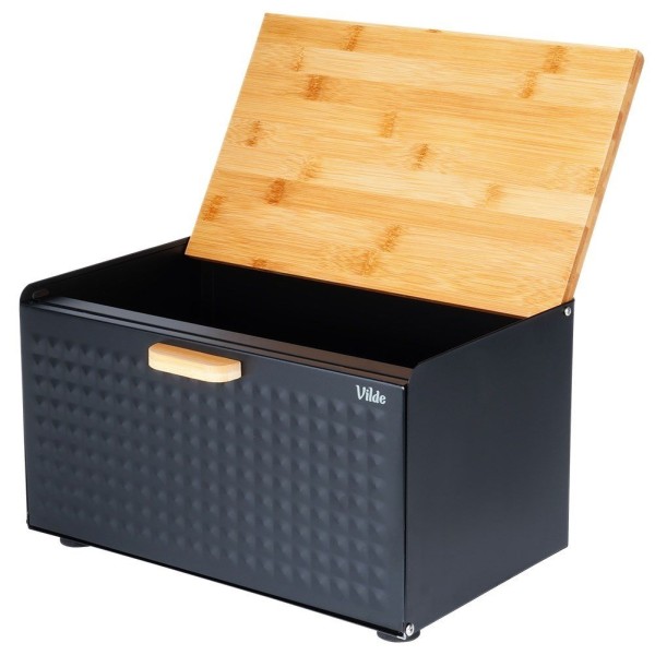 Chlebak, VILDE, 259619, metalowy pojemnik na chleb z drewnianą pokrywą i czarną podwójną pokrywą, 35.5×22×20.5 cm, Wyposażenie kuchni / Przechowywanie żywności / Chlebaki