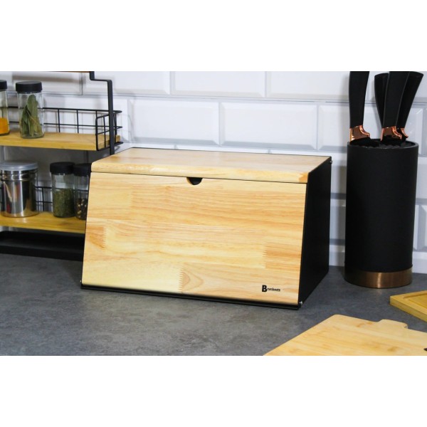 Chlebak dwustronny bambusowy stal pojemnik na chleb skośny, BRUNBESTE BB-4258, czarny