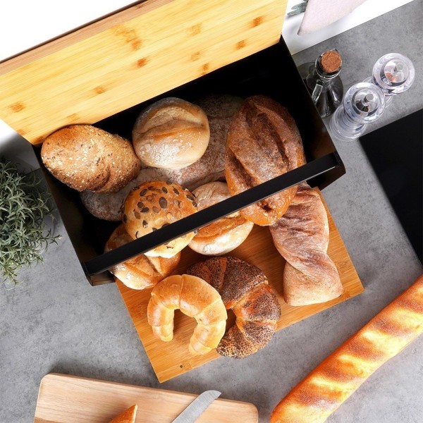 Chlebak Drewniany Metalowy Czarny VILDE 259620, Podwójna Pokrywa, 35.5x22x20.5 см, Wyposażenie kuchni / Przechowywanie żywności / Chlebaki