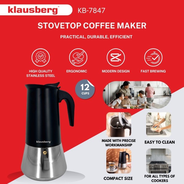 Кавоварка гейзерна Klausberg KB-7847, 600 мл, для приготування 12 порцій еспресо