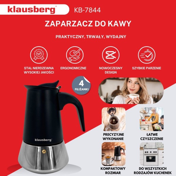Кавоварка гейзерна Klausberg KB-7844, 200 мл, для приготування еспресо на 3 чашки