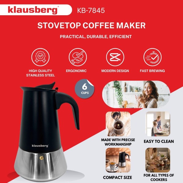 Кавоварка гейзерна Klausberg KB-7845, 300 мл, 6 чашок для приготування еспресо