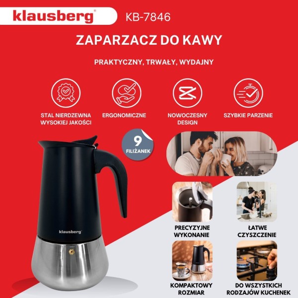 Кавоварка гейзерна Klausberg KB-7846 для приготування еспресо, 450 мл (9 чашок)