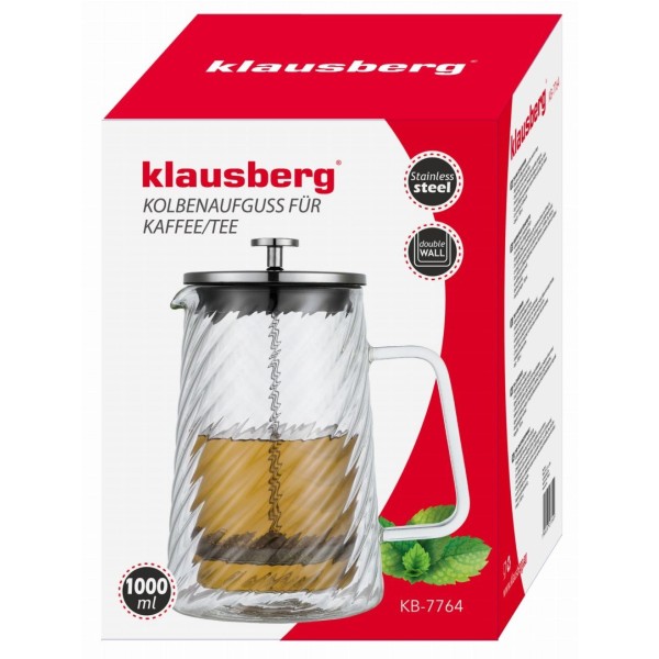 Заварник для кави і чаю Klausberg KB-7764 скляний French press 1000 мл срібний