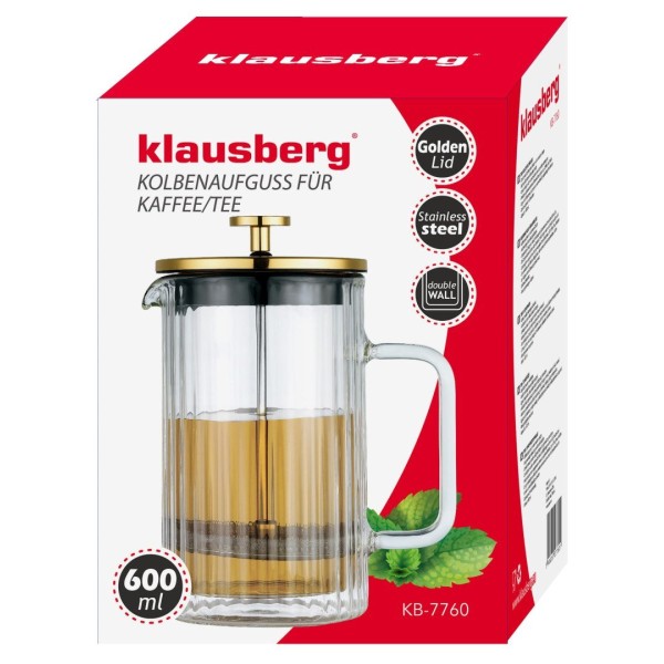 Заварник для кави та чаю Klausberg KB-7760, скляний френч-прес 600 мл, золотий