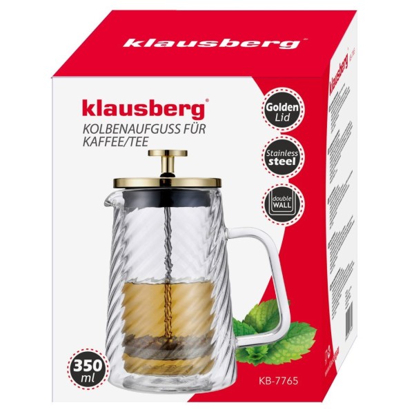 Заварник для кави та чаю Klausberg KB-7765, скляний френч-прес 350 мл, золотий