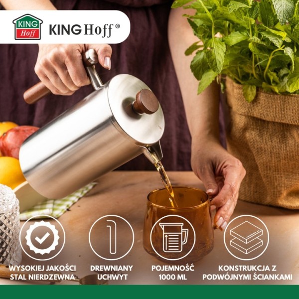Френч-прес, Kinghoff KH-1995, сталевий 1 л — для приготування кави та чаю руками