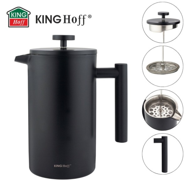 Френч-прес Kinghoff KH-1996, сталевий 1 л — для приготування кави та чаю вдома чи в офісі