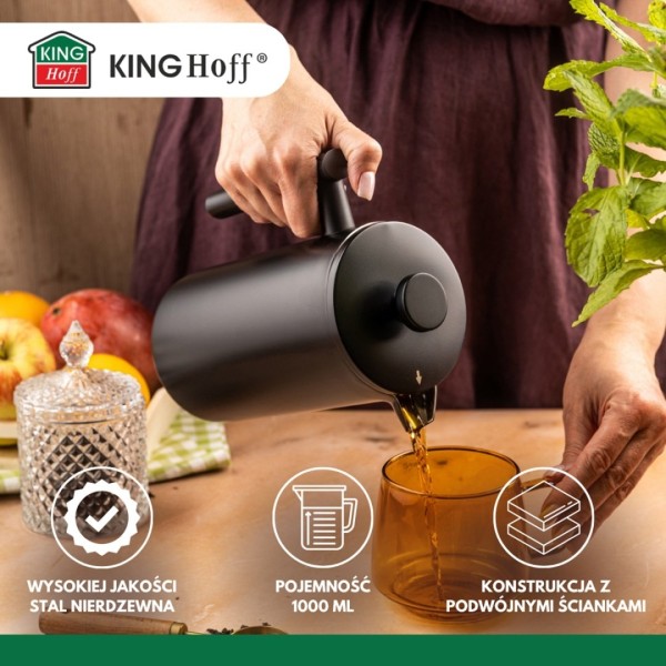 Френч-прес Kinghoff KH-1996, сталевий 1 л — для приготування кави та чаю вдома чи в офісі