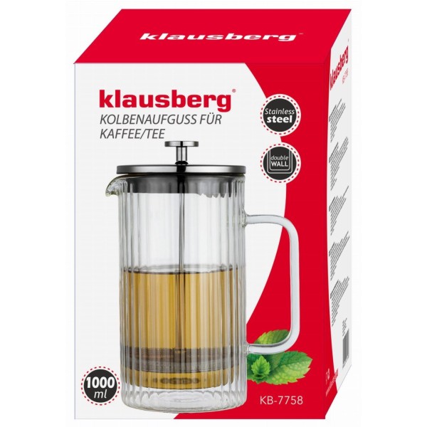 Заварник для кави та чаю Klausberg KB-7758 French Press 1000 мл скляний срібний