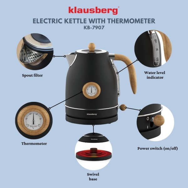 Czajnik elektryczny Klausberg KB-7907 stal nierdzewna 1,7 l z termometrem czarny