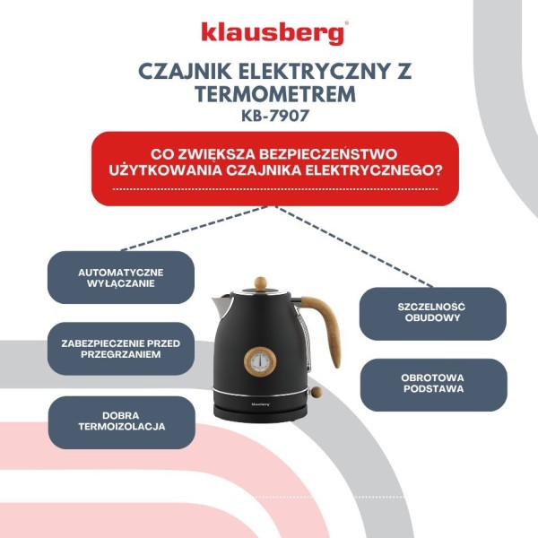 Czajnik elektryczny Klausberg KB-7907 stal nierdzewna 1,7 l z termometrem czarny