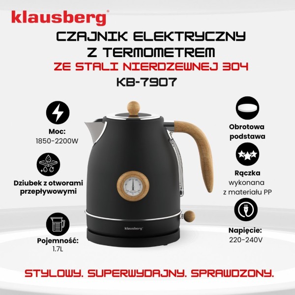 Czajnik elektryczny Klausberg KB-7907 stal nierdzewna 1,7 l z termometrem czarny