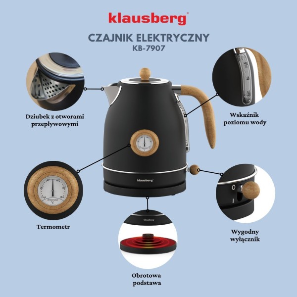 Czajnik elektryczny Klausberg KB-7907 stal nierdzewna 1,7 l z termometrem czarny