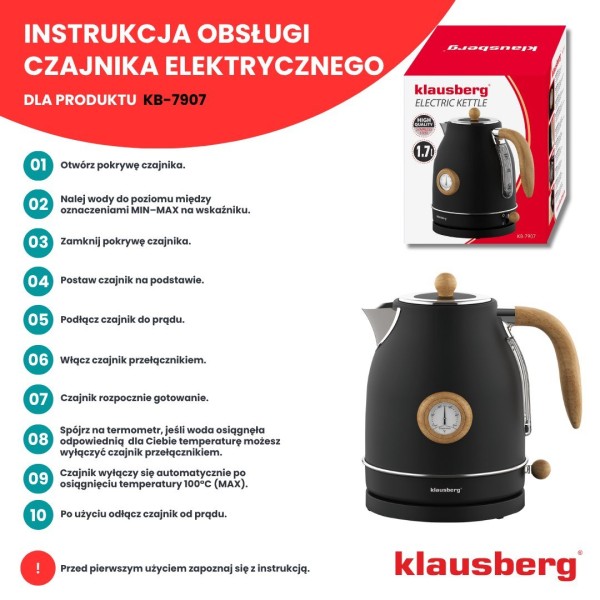 Czajnik elektryczny Klausberg KB-7907 stal nierdzewna 1,7 l z termometrem czarny