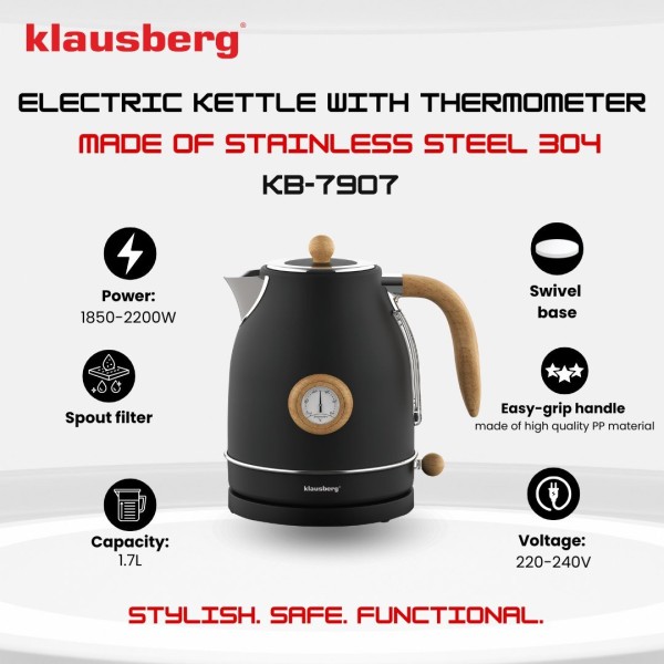 Czajnik elektryczny Klausberg KB-7907 stal nierdzewna 1,7 l z termometrem czarny