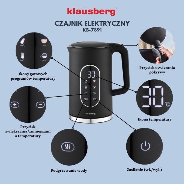 Czajnik elektryczny Klausberg KB-7891 bezprzewodowy 1,7 l z regulacją temperatury czarny