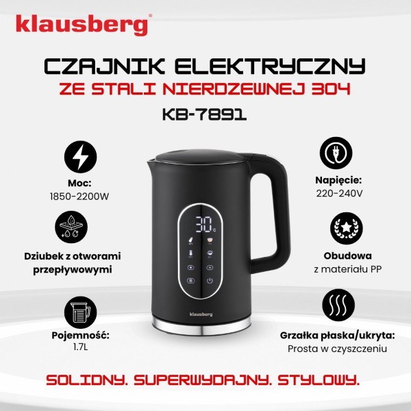 Czajnik elektryczny Klausberg KB-7891 bezprzewodowy 1,7 l z regulacją temperatury czarny