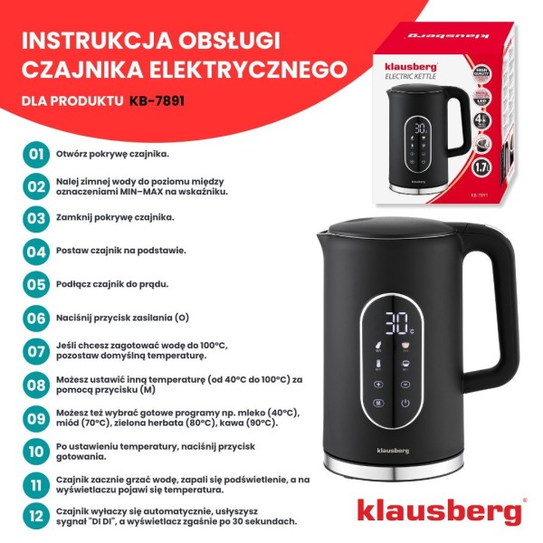 Czajnik elektryczny Klausberg KB-7891 bezprzewodowy 1,7 l z regulacją temperatury czarny