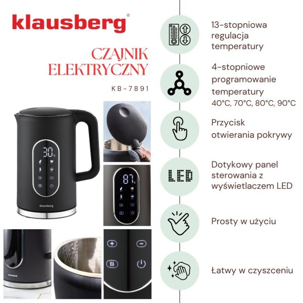 Czajnik elektryczny Klausberg KB-7891 bezprzewodowy 1,7 l z regulacją temperatury czarny