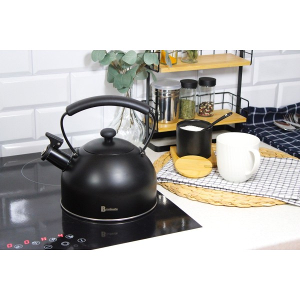 Czajnik z gwizdkiem, BRUNBESTE BB-2462 — stalowy 2,2 l, indukcja, czarny matowy