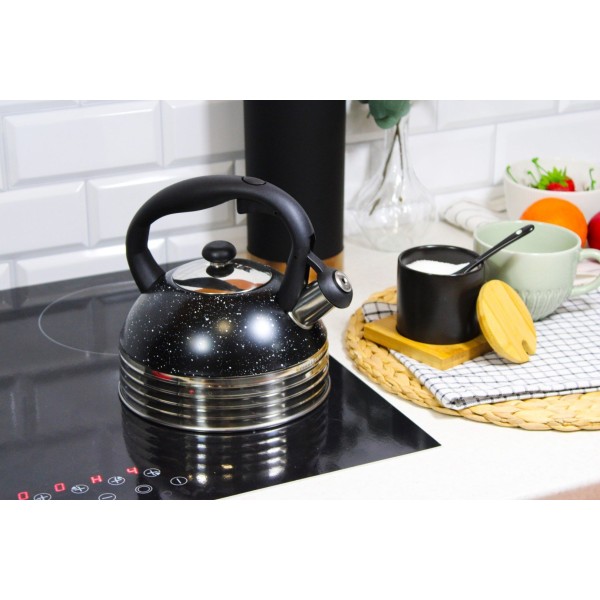 Цинкований чайник з кришкою з нержавіючої сталі Brunsbeste BB-2474, 2.5 л, з трубним свистком, чорний мармуровий